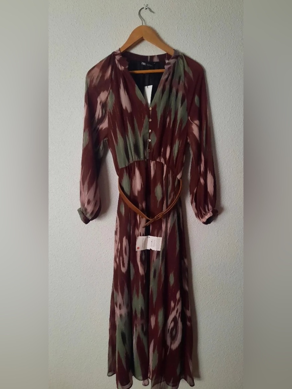 Women’s Burgundy Printed Maxi Dress with Belt